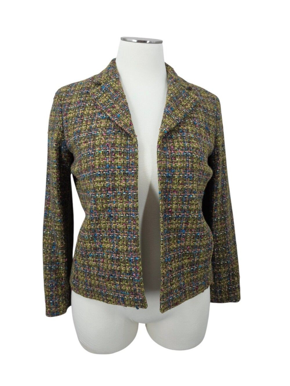 Jones NY Green Tweed Open Front Blazer Jacket Wool Blend Women's Plus Size 16